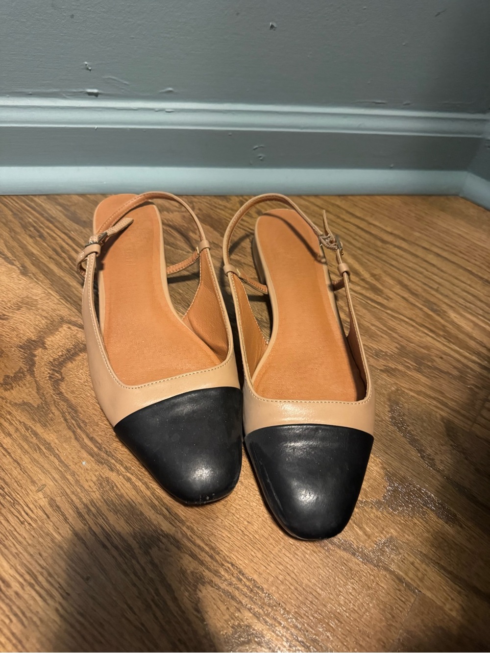 Madden Girl Beige and Black Two-Tone Slingback Flats